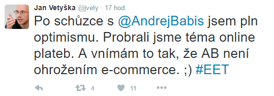 Tweet, který Jan Vetyška zveřejnil po své schůzce s Andrejem Babišem.